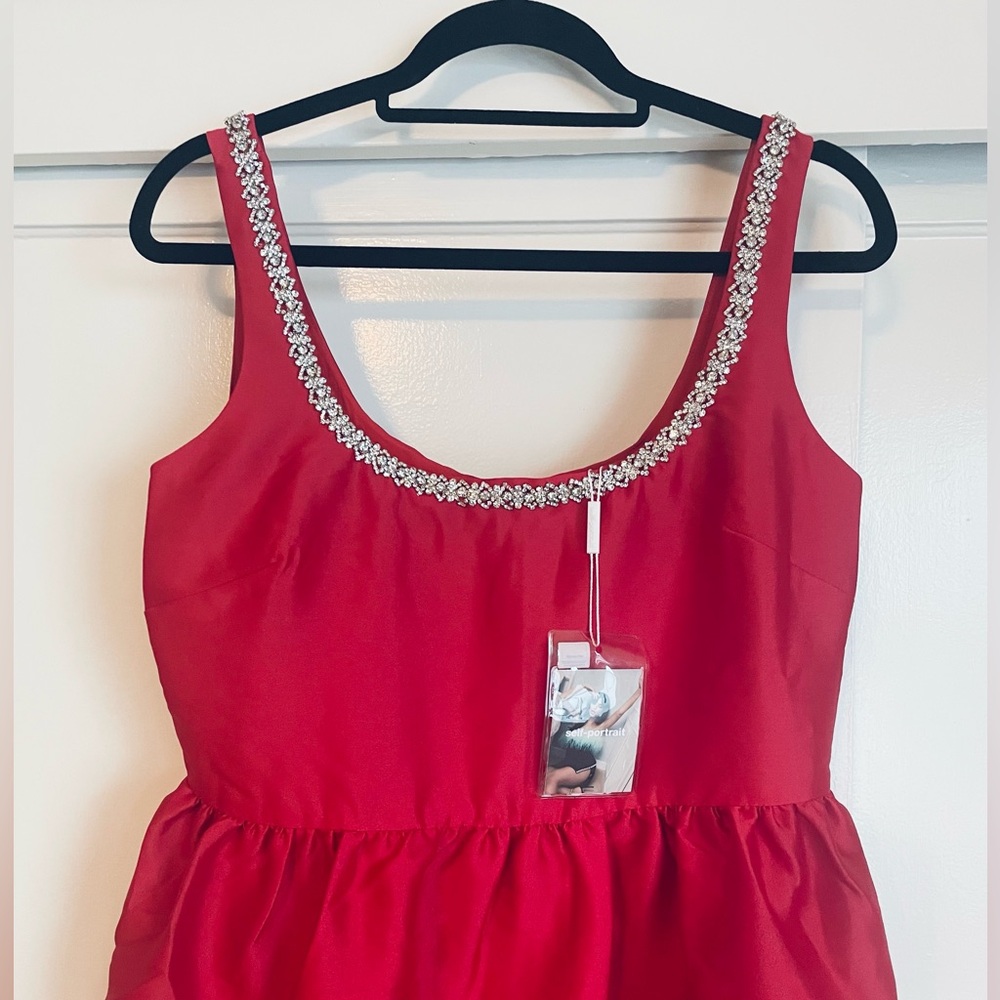 Self-Portrait Red Taffeta Diamante Midi Dress - Size UK 14/ US 10 - Picture 6 of 14